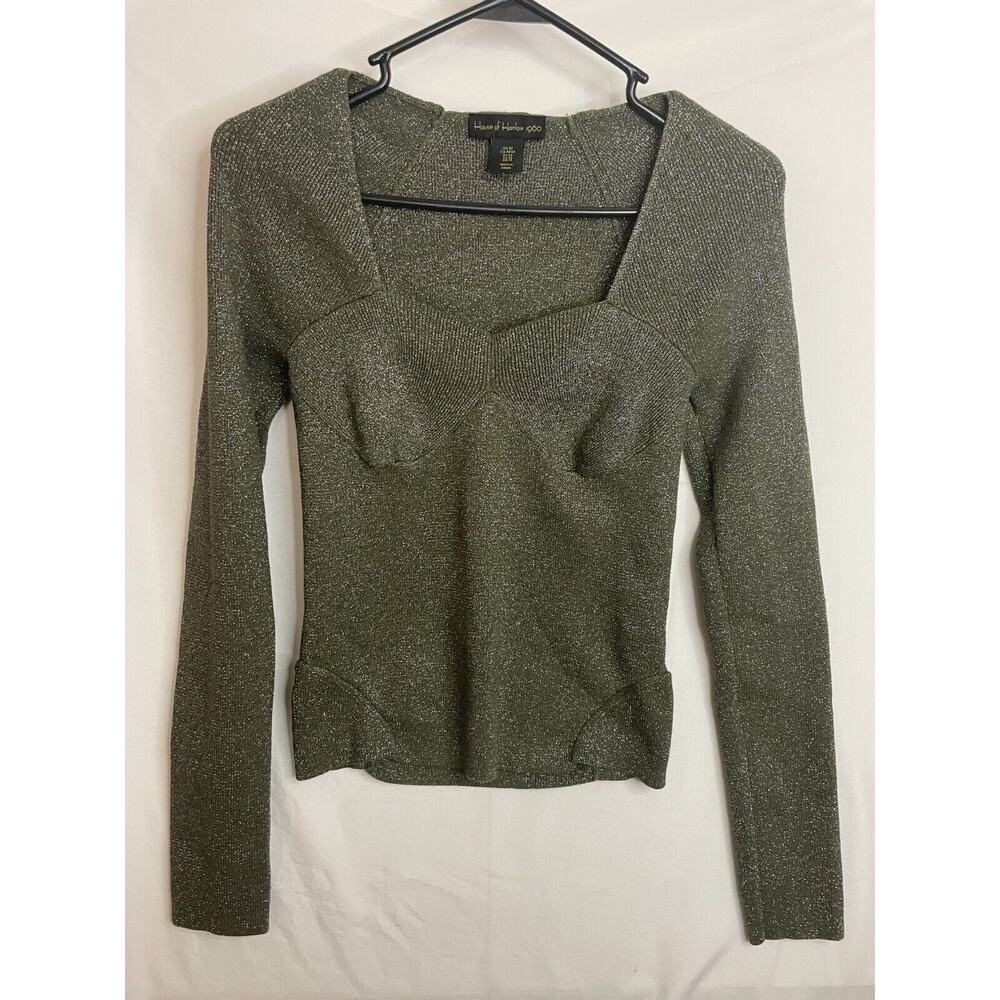 House of Harlow 1960 Green Olive Sparkle Long Sleeve Ribbed Top Holiday Sz M